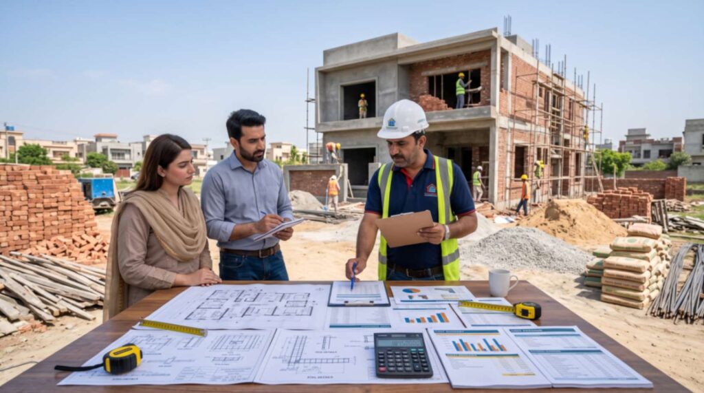 Construction cost estimation for a grey structure house in Lahore with architectural plans, measurement tools, and residential building framework.