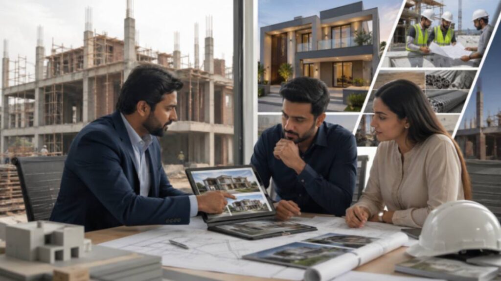 Homeowners evaluating a reliable construction company in DHA Lahore through project reviews, consultations, and site inspections.