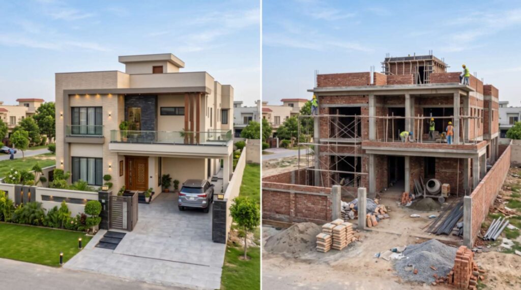 Side-by-side comparison of a completed turnkey house and the same home under grey structure construction in Pakistan.