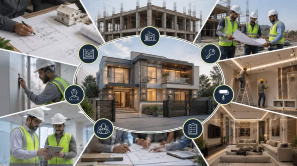 Professional construction company services in DHA Lahore including architectural design, grey structure construction, turnkey solutions, and project management.