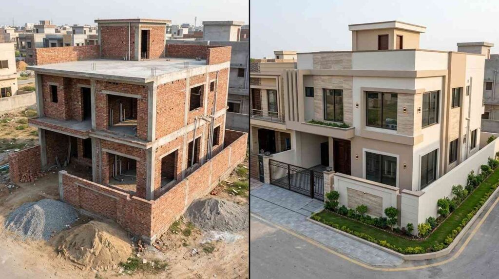 5 Marla house construction cost comparison showing grey structure and turnkey construction in Lahore