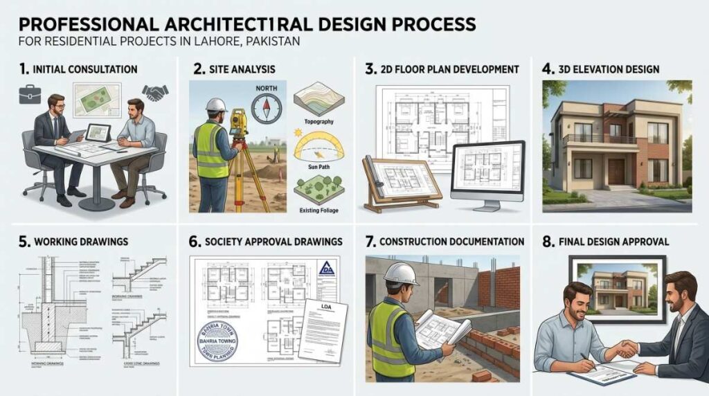 Residential architectural design process infographic showing consultation, planning, 2D layouts and 3D elevation development