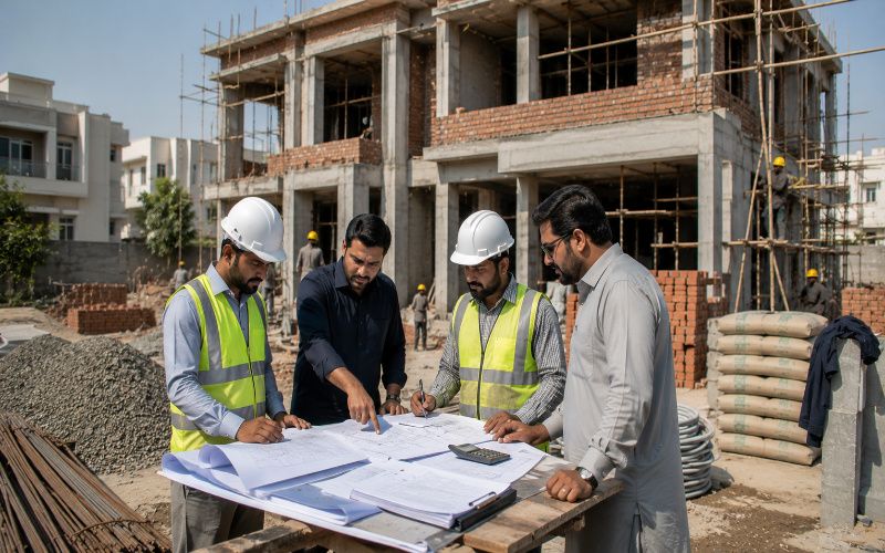 Construction experts discussing residential project budget and planning in Lahore