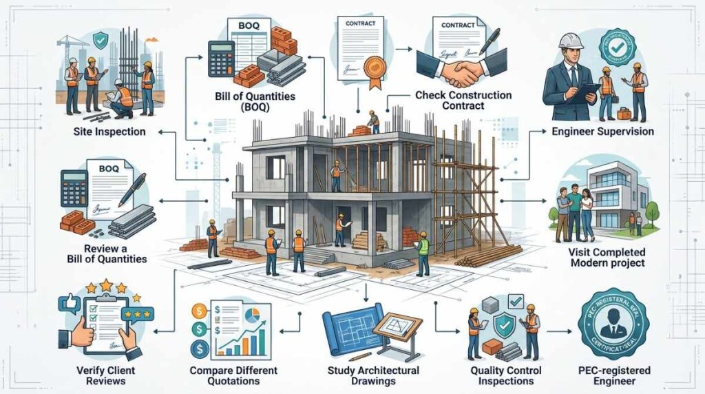 Construction company evaluation checklist and project quality assessment in Pakistan