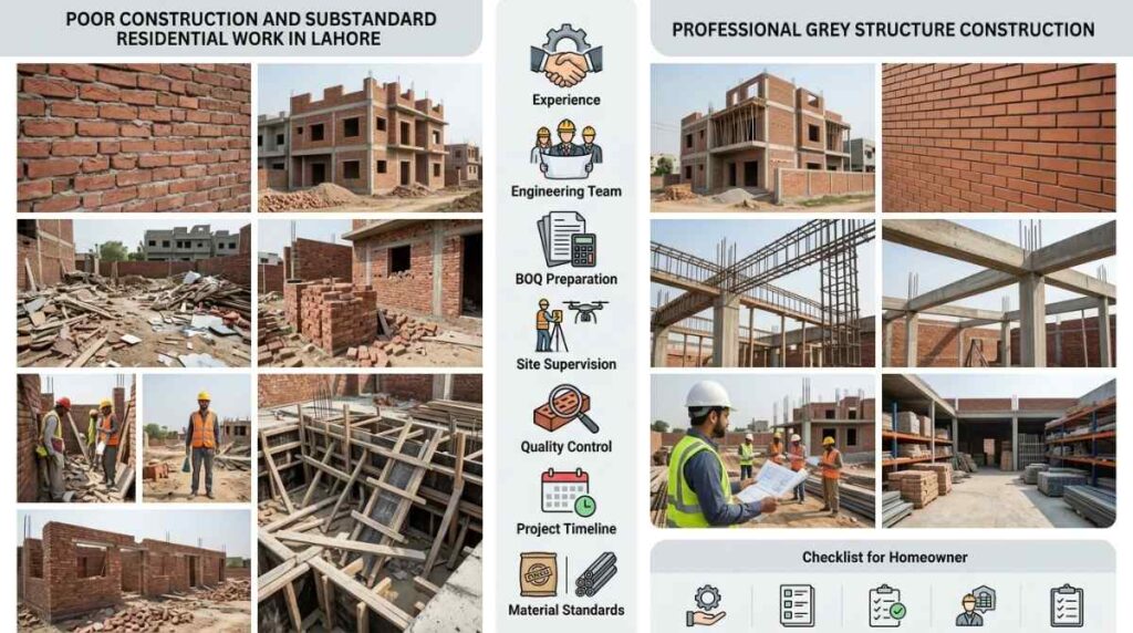 Grey structure contractor comparison checklist infographic for homeowners in Lahore