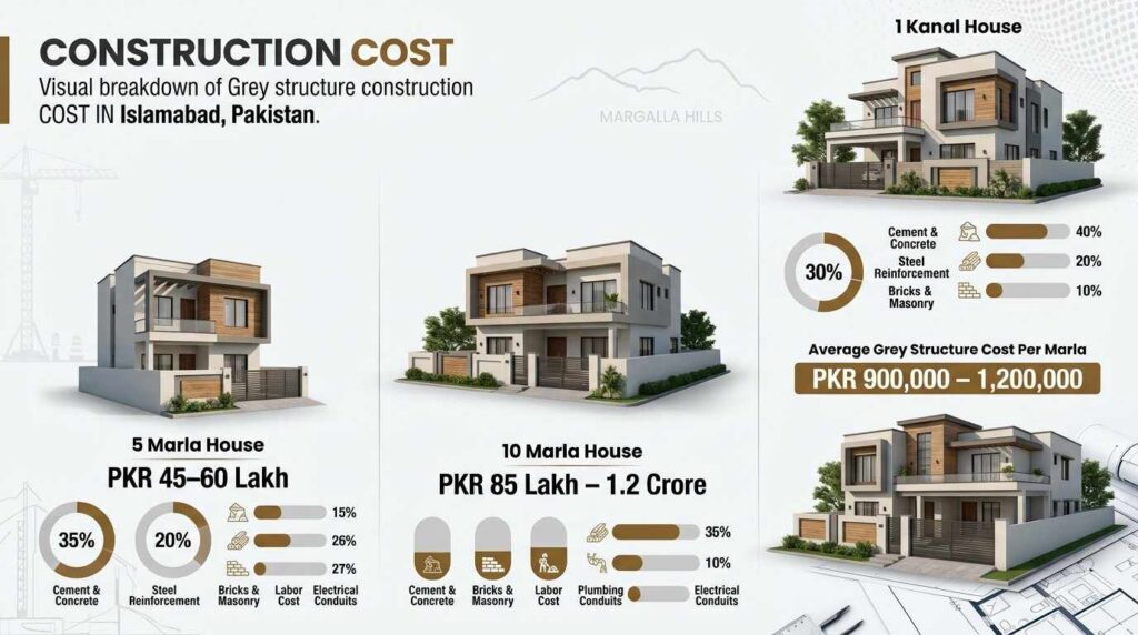 Grey structure construction cost estimate for 5 marla 10 marla and 1 kanal houses in Islamabad