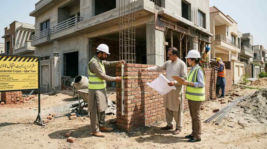 Modern house construction in Bahria Town Lahore showing grey structure and turnkey construction