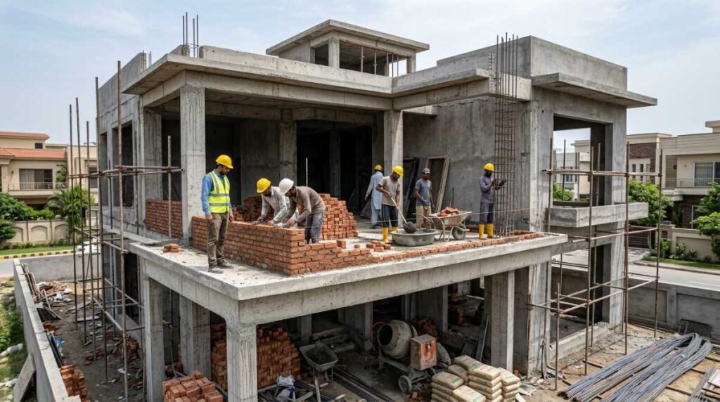 Professional grey structure construction team working on luxury house project in Lahore