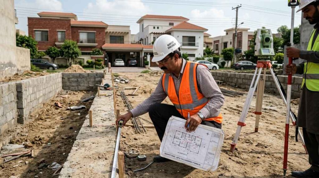 Construction engineer conducting site survey for house construction project in Lahore