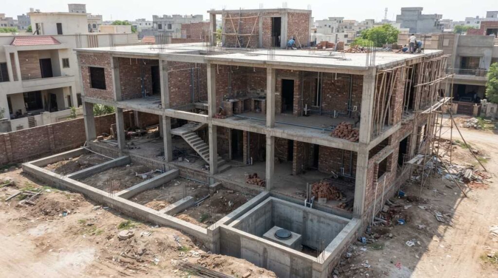 Grey structure construction components including foundation, RCC columns, beams, roof slab, and brick walls in Pakistan
