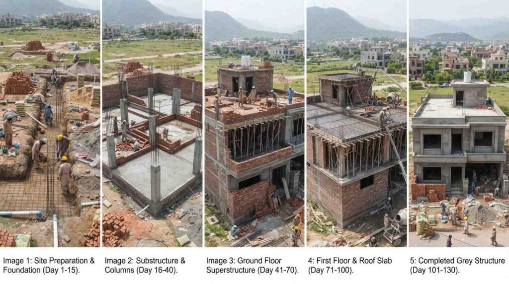 Grey structure construction process in Islamabad showing foundation RCC framework and brick masonry work