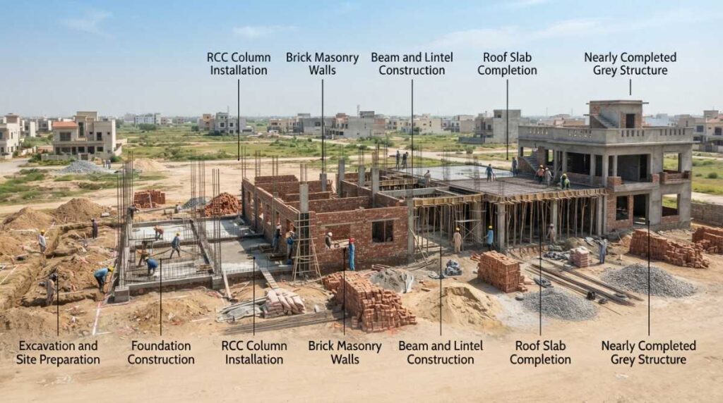 Step-by-step grey structure construction process in Pakistan from excavation to roof slab completion