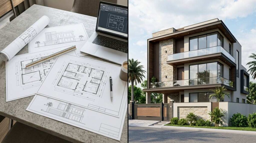 3D elevation design before construction showing architectural drawings and realistic house visualization in Lahore
