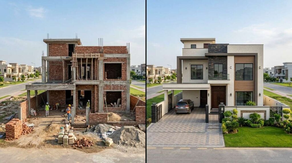 Modern house construction in Bahria Town Lahore showing grey structure and turnkey construction