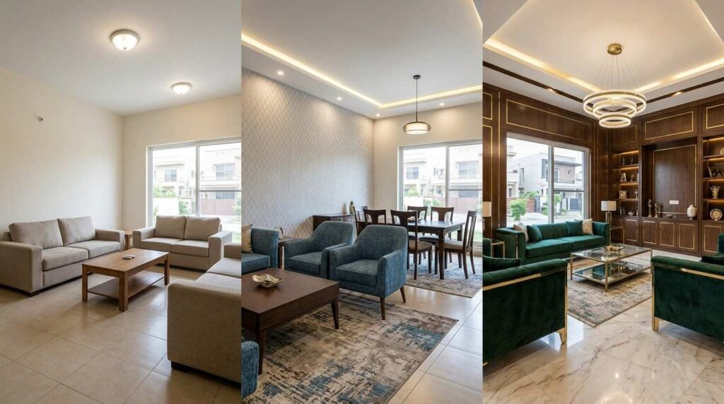 Interior design cost comparison in Lahore showing basic, mid-range and luxury interior styles