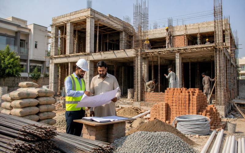 Luxury residential construction project in Lahore showing construction materials and structural work