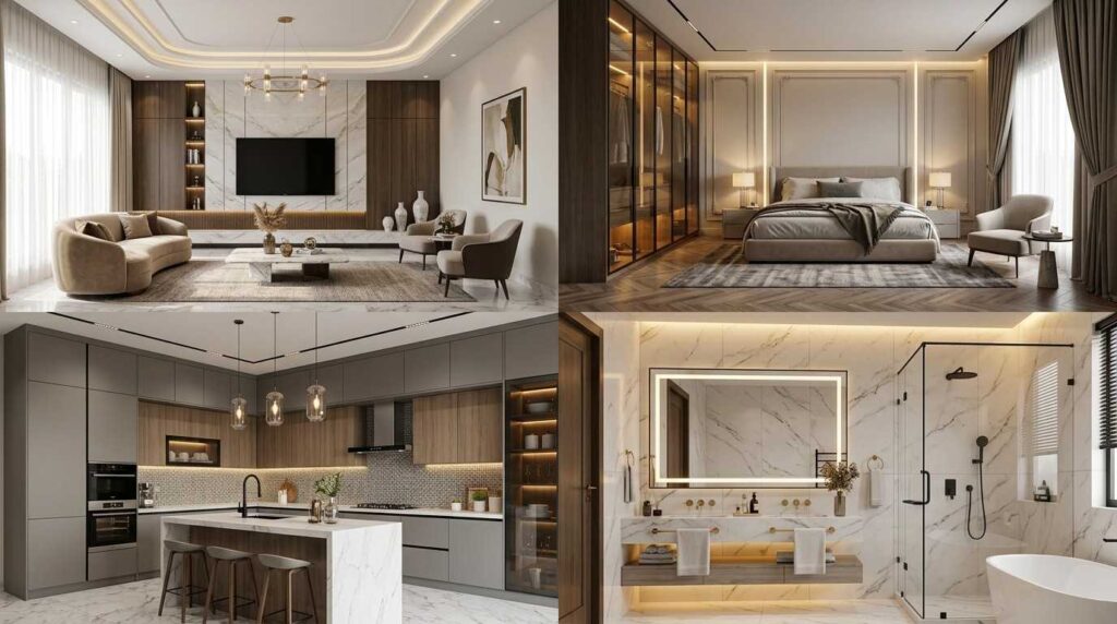 Room-by-room interior design in Lahore featuring living room, bedroom, kitchen and bathroom