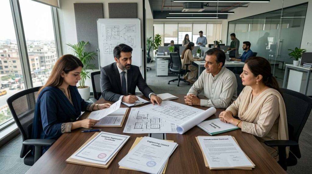 Construction company registration verification and project documentation process in Pakistan