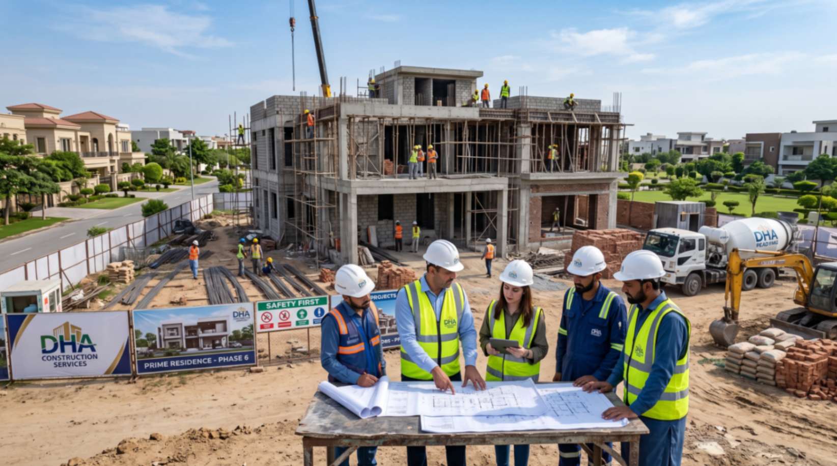 Best construction company in DHA Lahore managing a luxury residential house construction project with professional engineers and site supervisors.