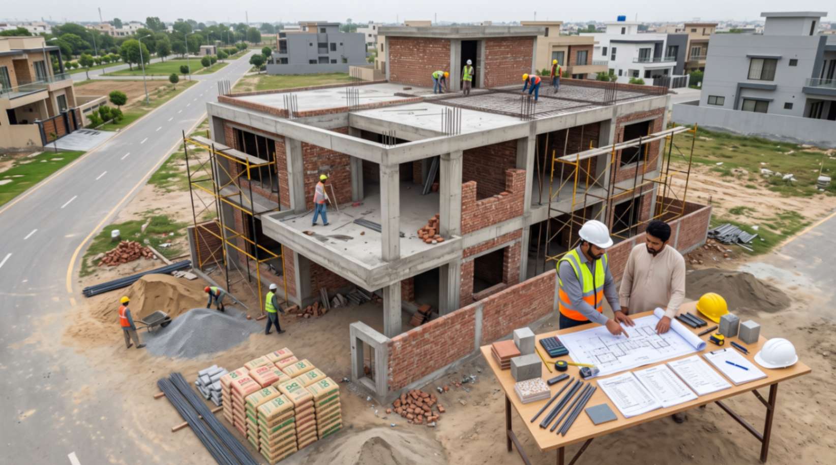 Grey structure construction cost per marla in Lahore showing a residential house under construction with RCC framework, brick masonry, and building materials.