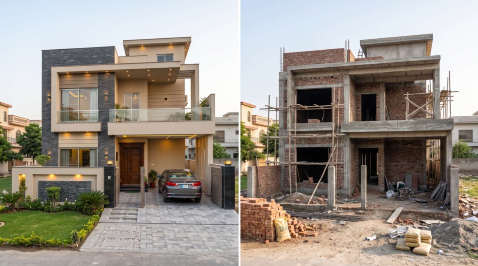 Modern Pakistani house comparison showing finished turnkey construction beside an unfinished grey structure building