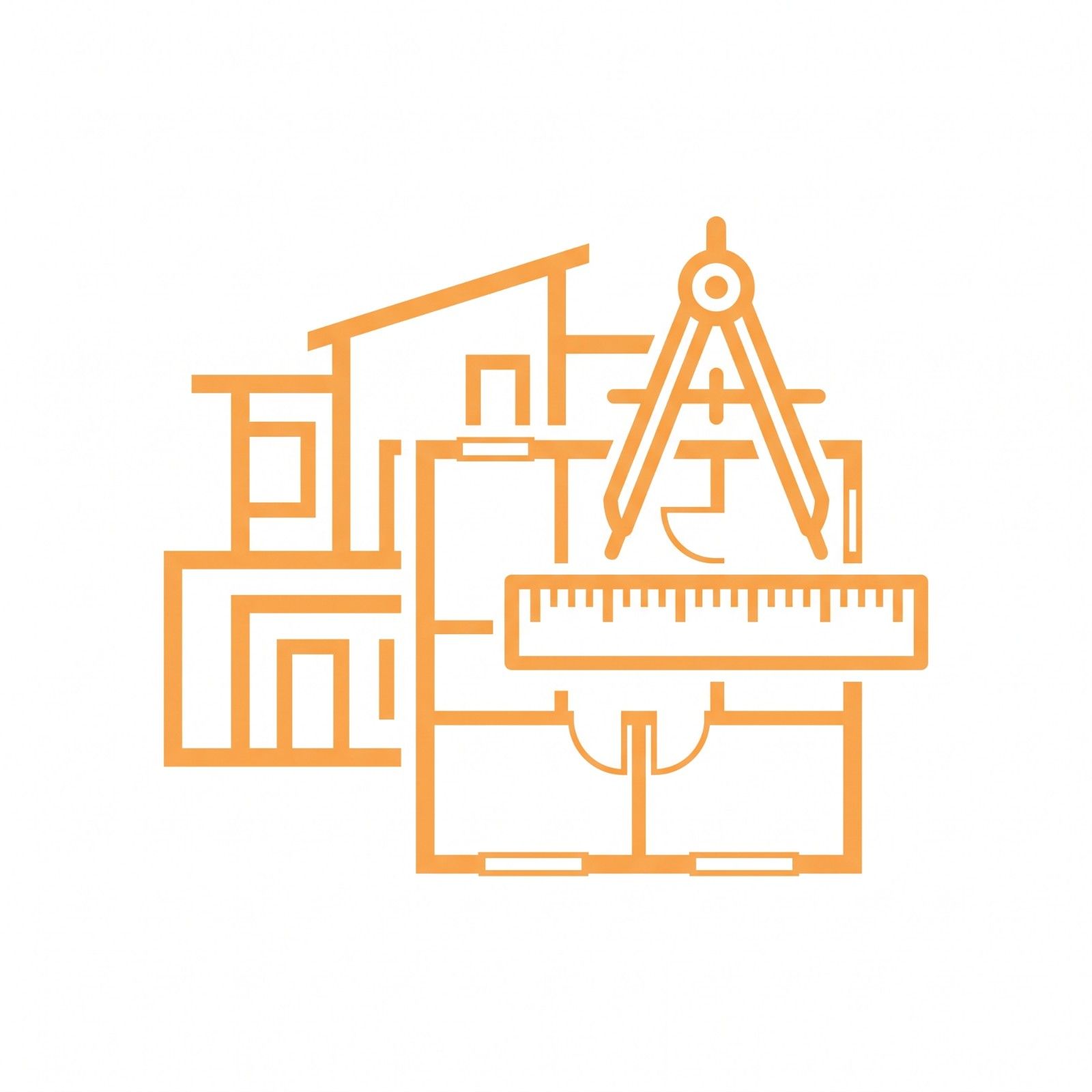 Architectural design icon featuring blueprints, floor plans, drafting tools, and modern building design elements.