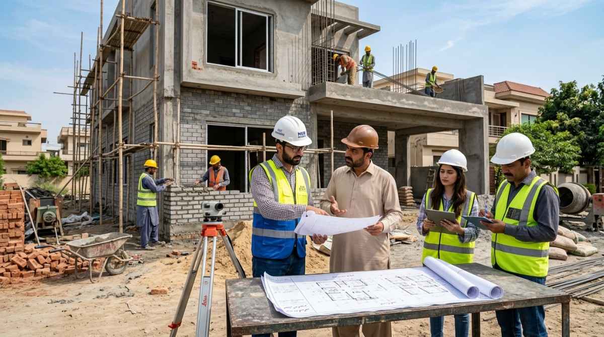 Professional construction company team discussing residential construction project in Pakistan