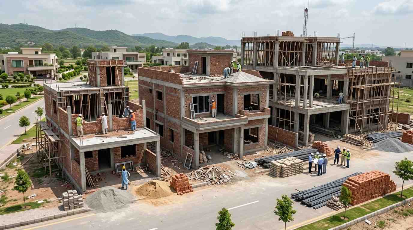 Grey structure construction cost in Islamabad with modern residential house under construction