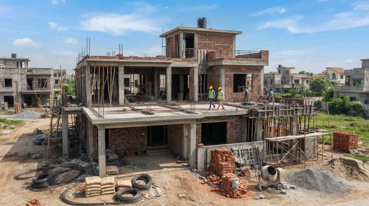 Grey Structure Construction in Pakistan showing RCC framework, brick masonry, and residential house structure