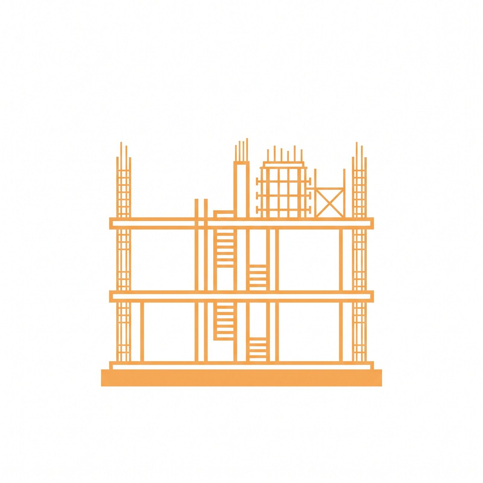 Grey structure construction icon featuring reinforced concrete columns, beams, slabs, and structural building framework.