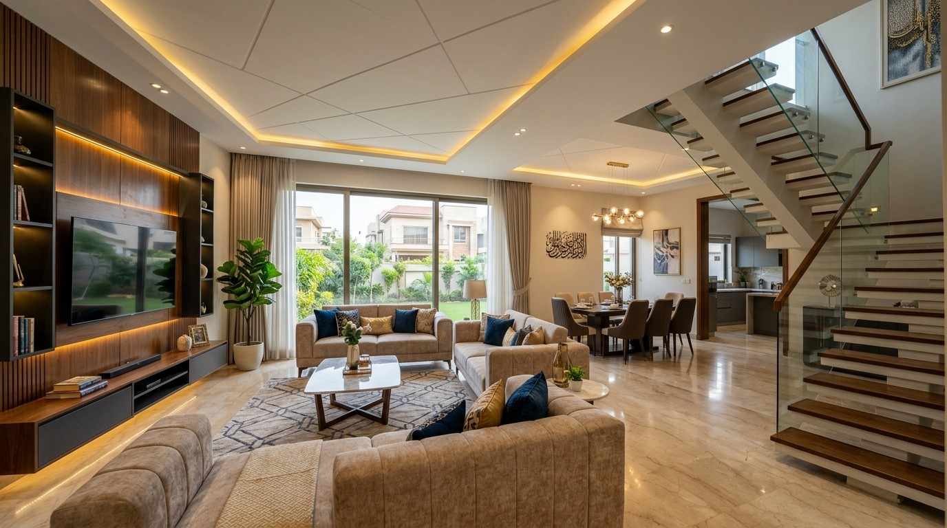 Modern residential interior design in Lahore showcasing premium living space and custom finishes