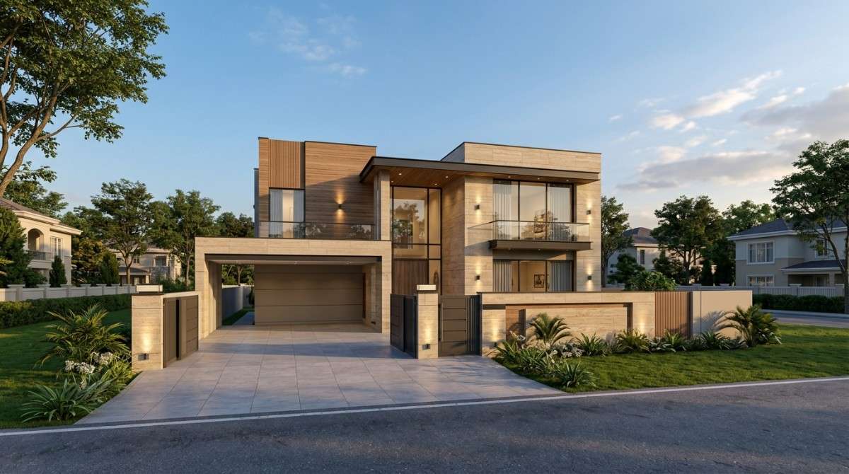 Architectural design services in Lahore showcasing a modern gated luxury house before construction
