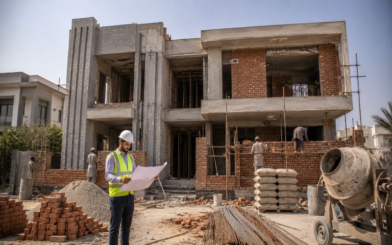 Modern residential construction project in Lahore showing premium house under development