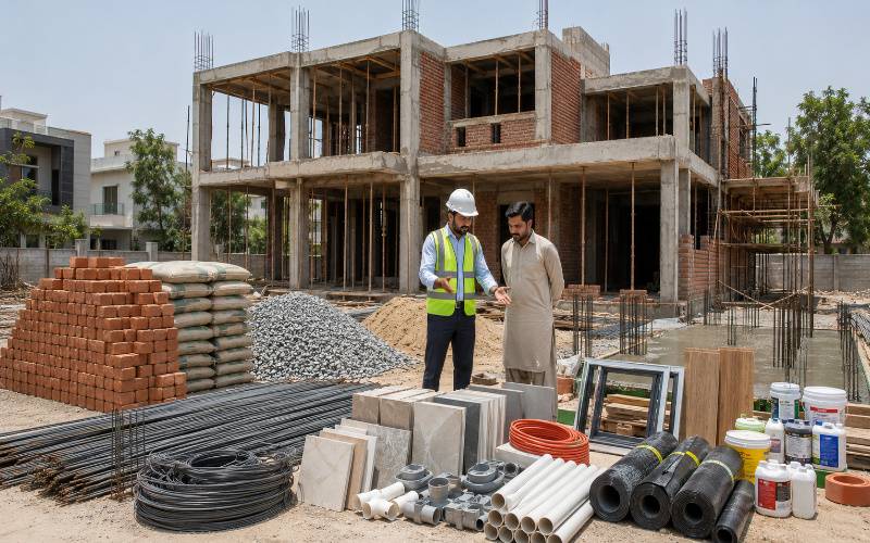 Premium construction materials used for building a modern house in Lahore